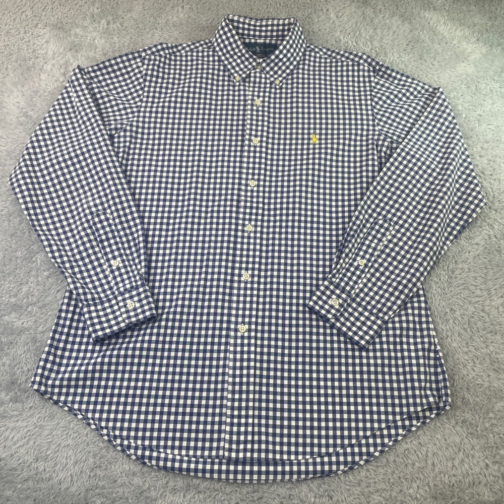Ralph Lauren Button Down Mens L Blue Gingham Custom Fit Long Sleeve Pony Logo